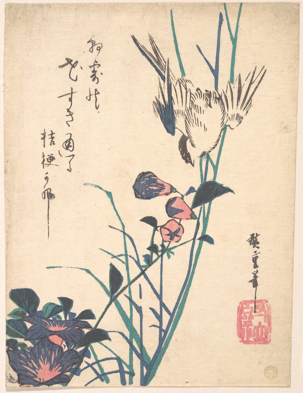 Gobemouche à bec plat à grandes fleurs et moineau - Utagawa Hiroshige