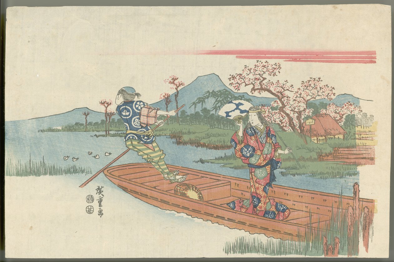Une folle sur un bac près du temple Mokubōji (Scène tirée de la pièce de théâtre Nô « Sumidagawa ») - Utagawa Hiroshige