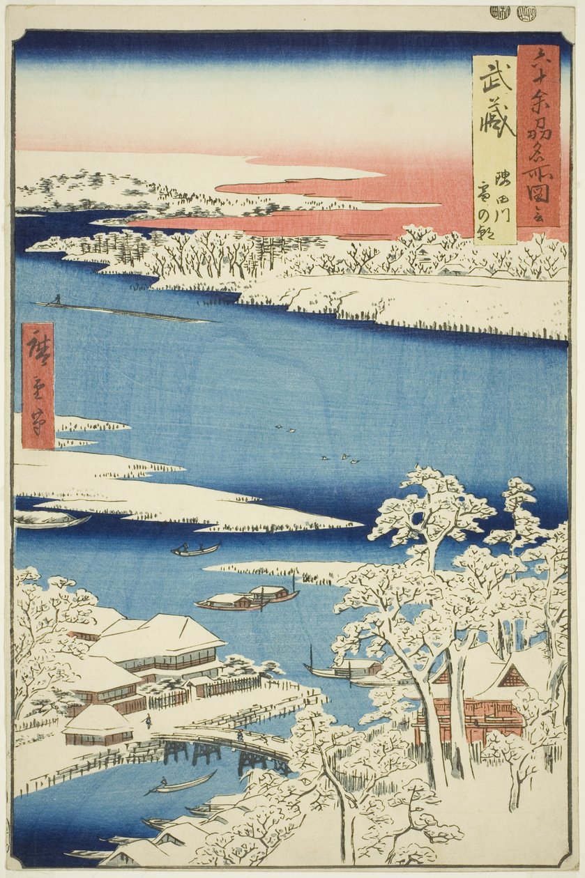 Province de Musashi : Matin après la neige sur la rivière Sumida, de la série "Lieux célèbres des soixante et quelques provinces" - Utagawa Hiroshige