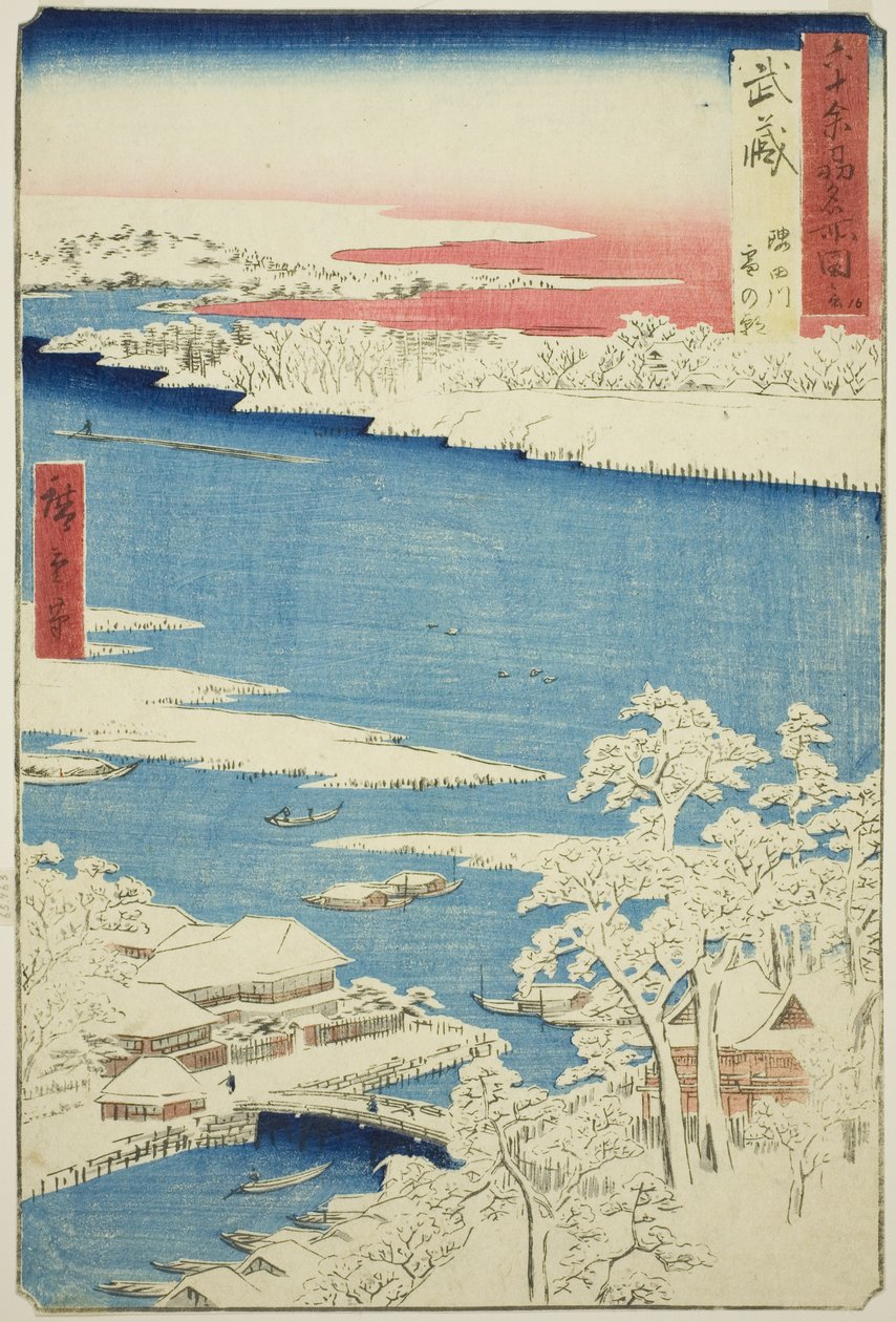 Province de Musashi : Matin après la neige sur la rivière Sumida (Musashi, Sumidagawa yuki no ashita), de la série "Lieux célèbres des soixante provinces (Rokujuyoshu meisho zue)" - Utagawa Hiroshige