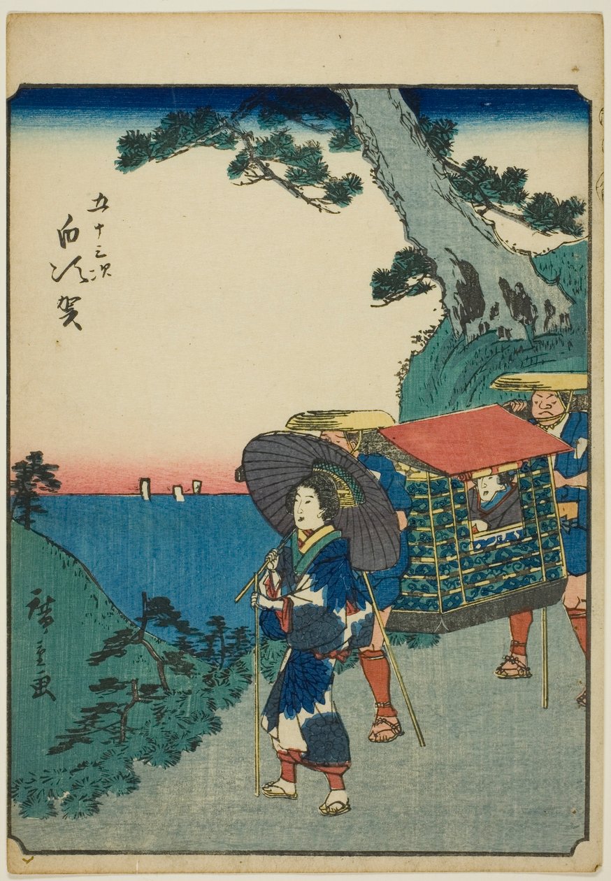 Shirasuka, de la série "Cinquante-trois stations [du Tokaido] (Gojusan tsugi)," également connue sous le nom de Tokaido des figures (Jinbutsu Tokaido) - Utagawa Hiroshige