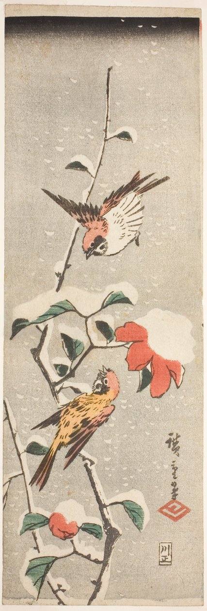 Moineaux et camélia dans la neige - Utagawa Hiroshige