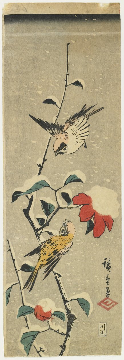 Moineaux et Camélia enneigé, 1837-1848 - Utagawa Hiroshige