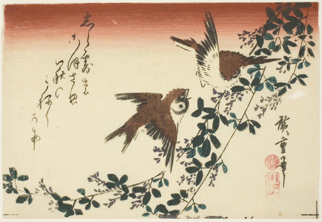 Moineaux et trèfle des buissons - Utagawa Hiroshige