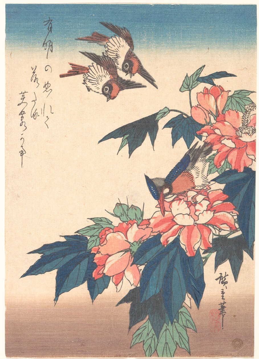 Hirondelles et martin-pêcheur avec hibiscus roses - Utagawa Hiroshige