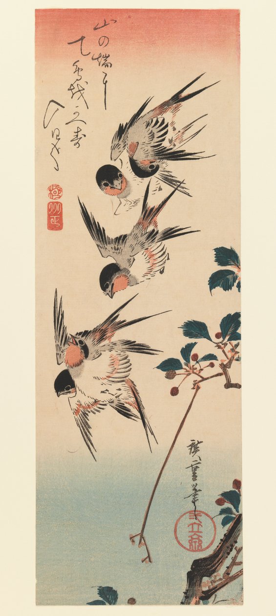 Tanzaku, quatre hirondelles, 1832 - Utagawa Hiroshige