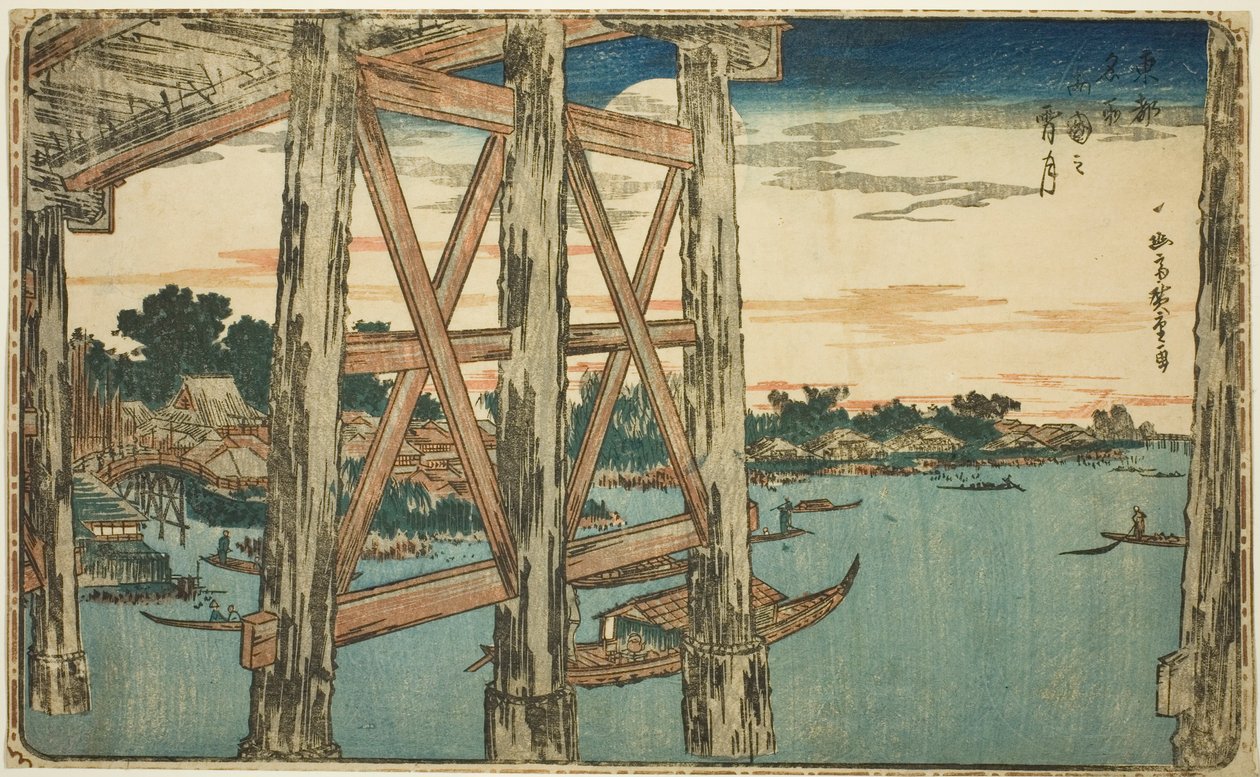 Lune au crépuscule au pont de Ryogoku (Ryogoku no yoizuki), de la série "Vues célèbres de la capitale de l