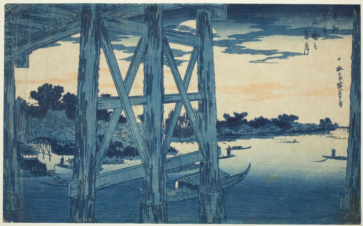 Lune crépusculaire au pont de Ryogoku (Ryogoku no yoizuki), de la série "Vues célèbres de la capitale orientale (Toto meisho)" - Utagawa Hiroshige