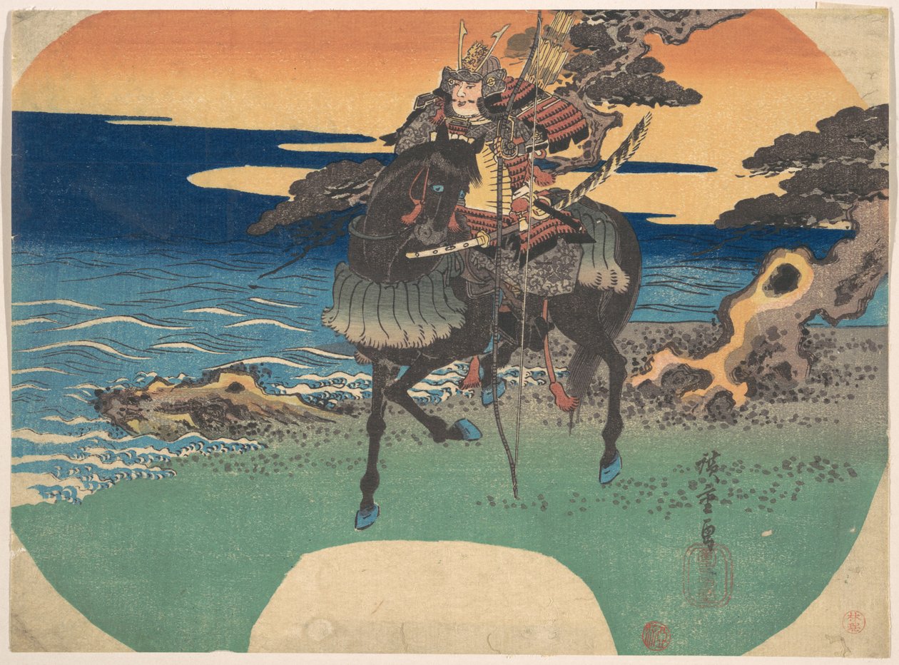 Guerrier chevauchant un cheval noir le long du rivage - Utagawa Hiroshige