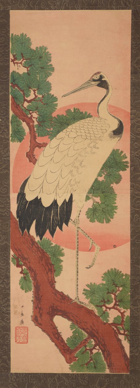 Kranich auf einem Kiefernzweig vor der Sonnenscheibe - Utagawa Hiroshige