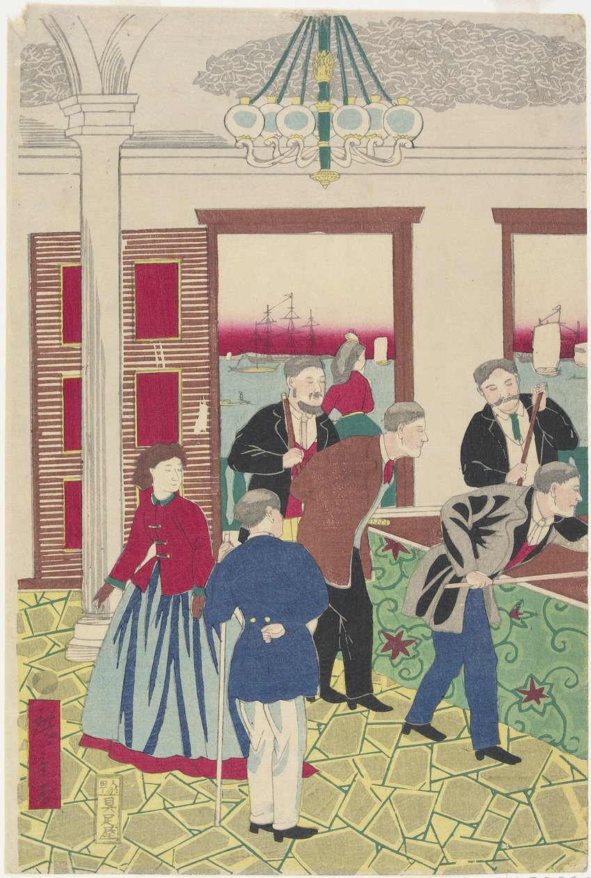 Étrangers au jeu de billard, fin du 19e siècle - Utagawa Hiroshige III