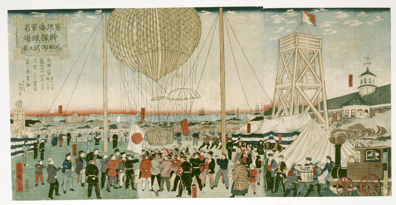 Marine japonaise testant une montgolfière à Tsukiji - Utagawa Hiroshige III