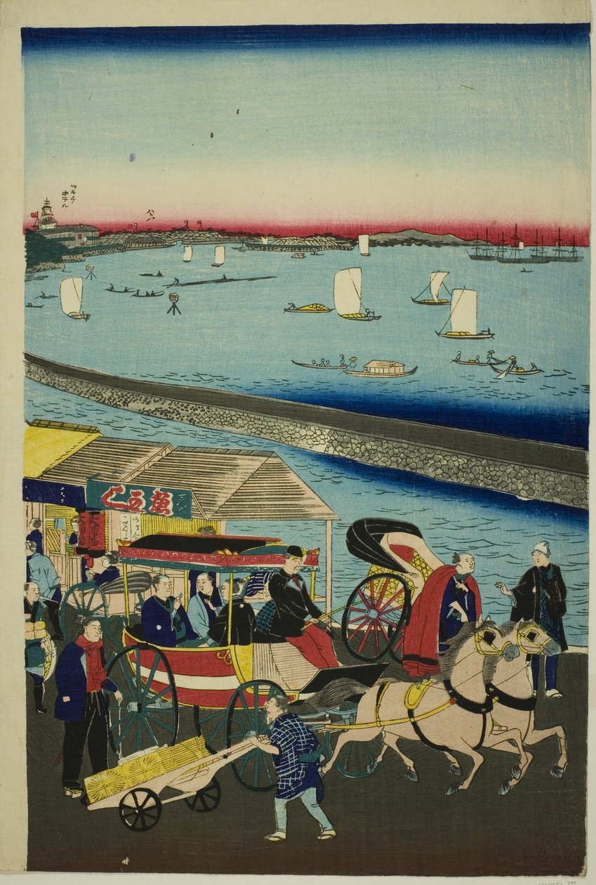Image de la locomotive à vapeur à Yatsuyama, Tokyo (Tokyo Yatsuyama shita kaigan jokisha tetsudo no zu) - Utagawa Hiroshige III