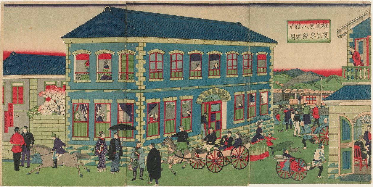 Image du train à vapeur des établissements étrangers de Yokohama, époque Meiji - Utagawa Hiroshige III