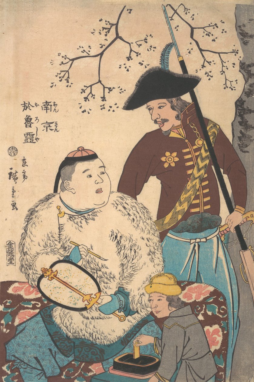 Russes et Chinois inscrivant un éventail, 12e mois, 1860 - Utagawa Hiroshige II