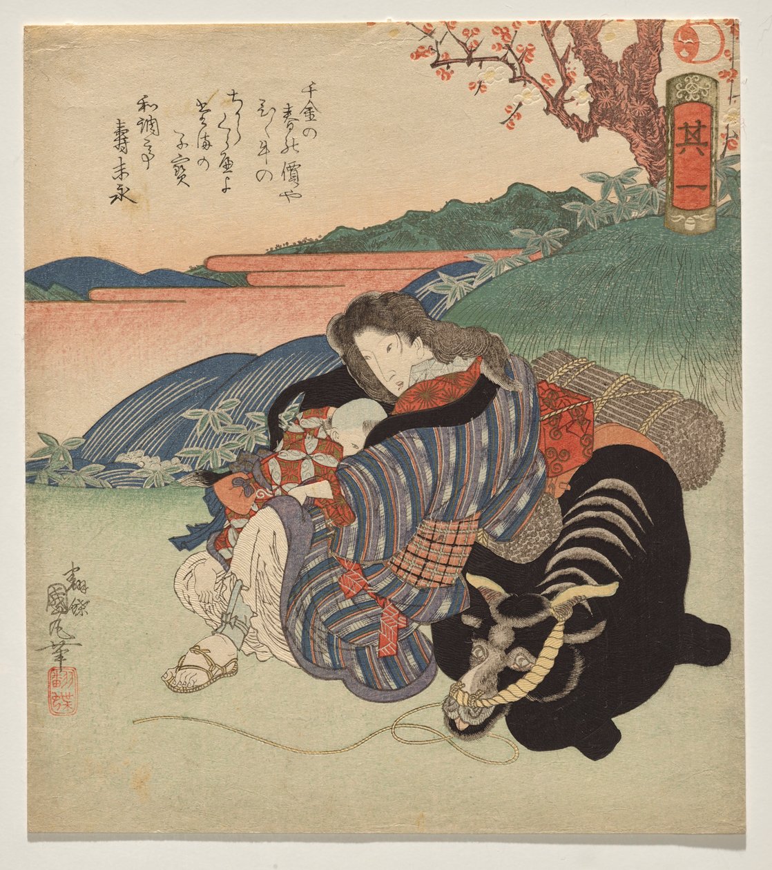 Une femme et un garçon se reposant contre un bœuf - Utagawa Kunimaru