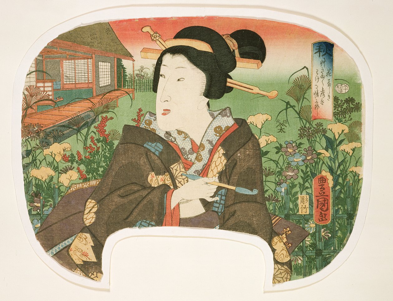 Automne, Hanayashiki : Une geisha avec une pipe, design pour un éventail d