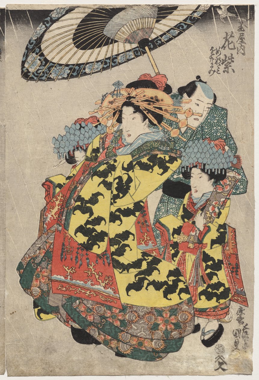 Les courtisanes Hanamurasaki et Koshikibu de Tamaya se promenant sous la pluie - Utagawa Kunisada