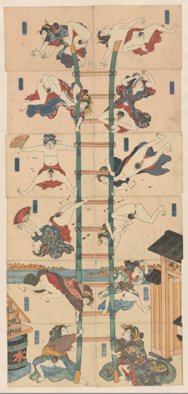 Série de douze koban Shunga avec des prostituées dans le rôle de pompiers acrobatiques - Utagawa Kuniyoshi (school of)
