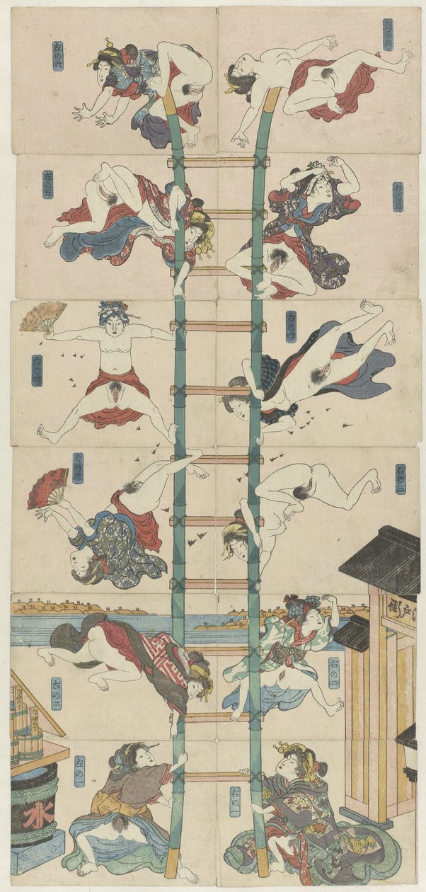 Série de douze koban Shunga avec des prostituées en tant que pompiers acrobatiques - Utagawa Kuniyoshi (school of)