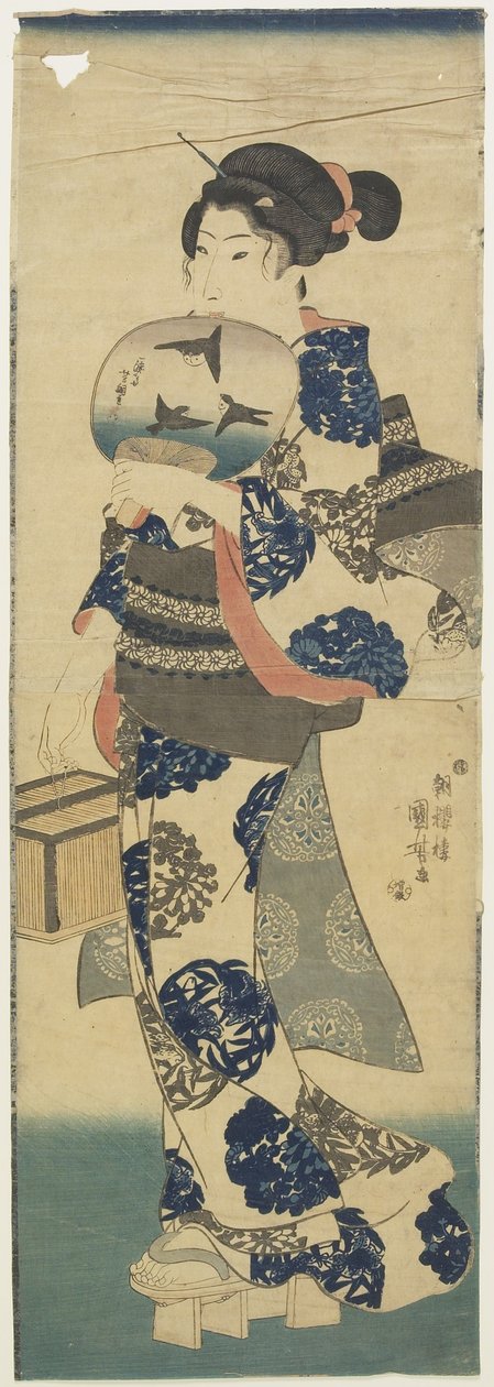 (Femme avec éventail et cage à grillons) - Utagawa Kuniyoshi