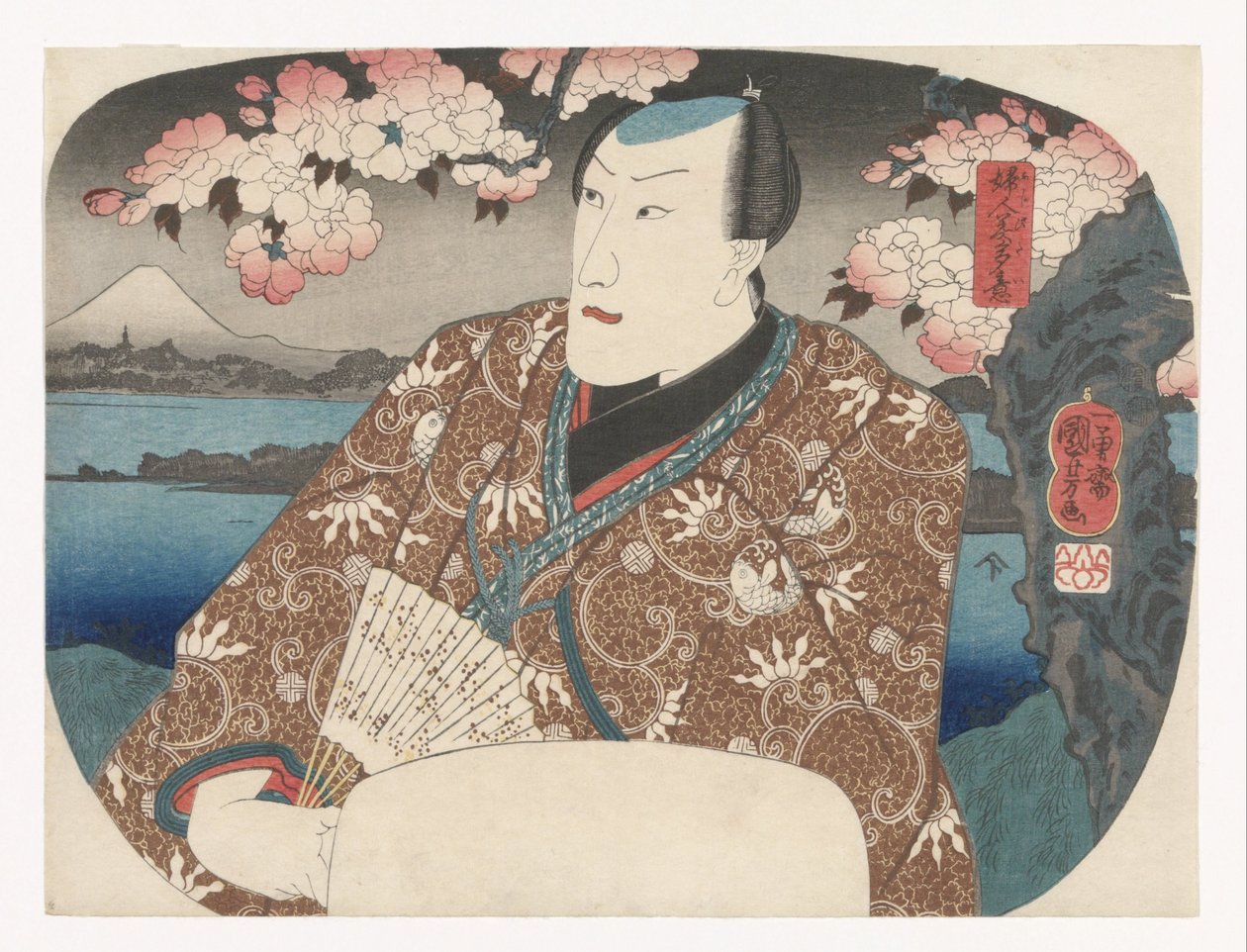 Acteur avec éventail sous les fleurs de cerisier - Utagawa Kuniyoshi