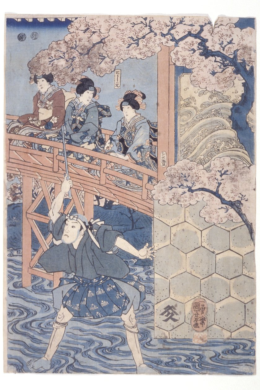 Bandō Hikosaburō IV en tant que Ashikaga Yoshimasa et Ichikawa Kodanji IV en tant que Asakura Tōgo de la pièce de Kabuki, Higashiyama Sakura Sōshi - Utagawa Kuniyoshi