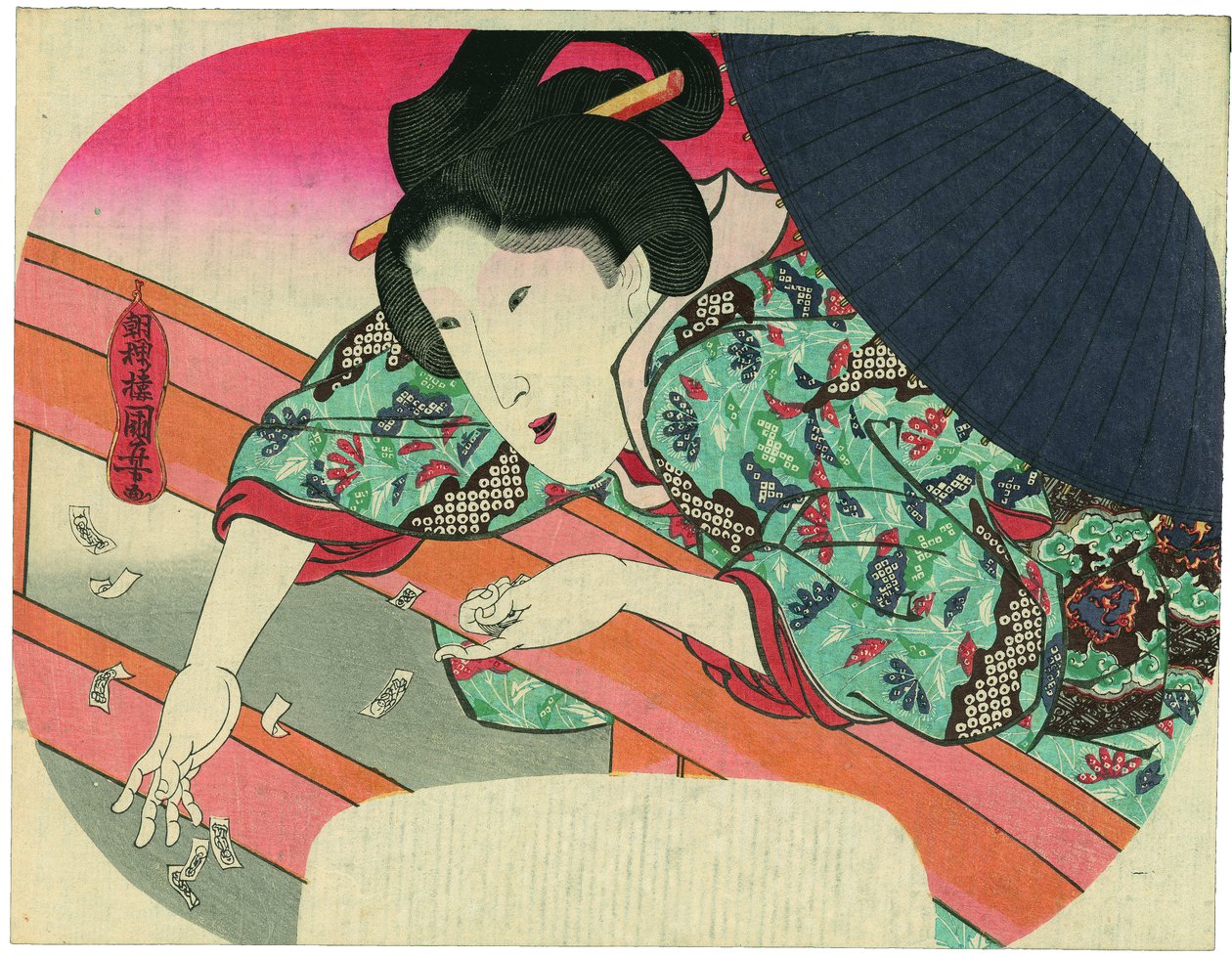 Une beauté jette dans la rivière Sumida des billets de prière au bodhisattva Jizō pour apaiser les esprits des noyés - Utagawa Kuniyoshi