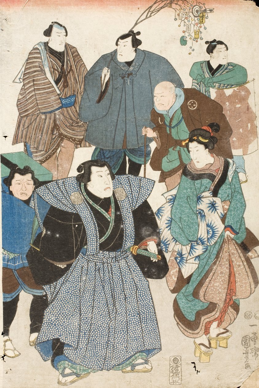 Célébration du printemps (acteurs de kabuki déguisés en foule de rue) - Utagawa Kuniyoshi