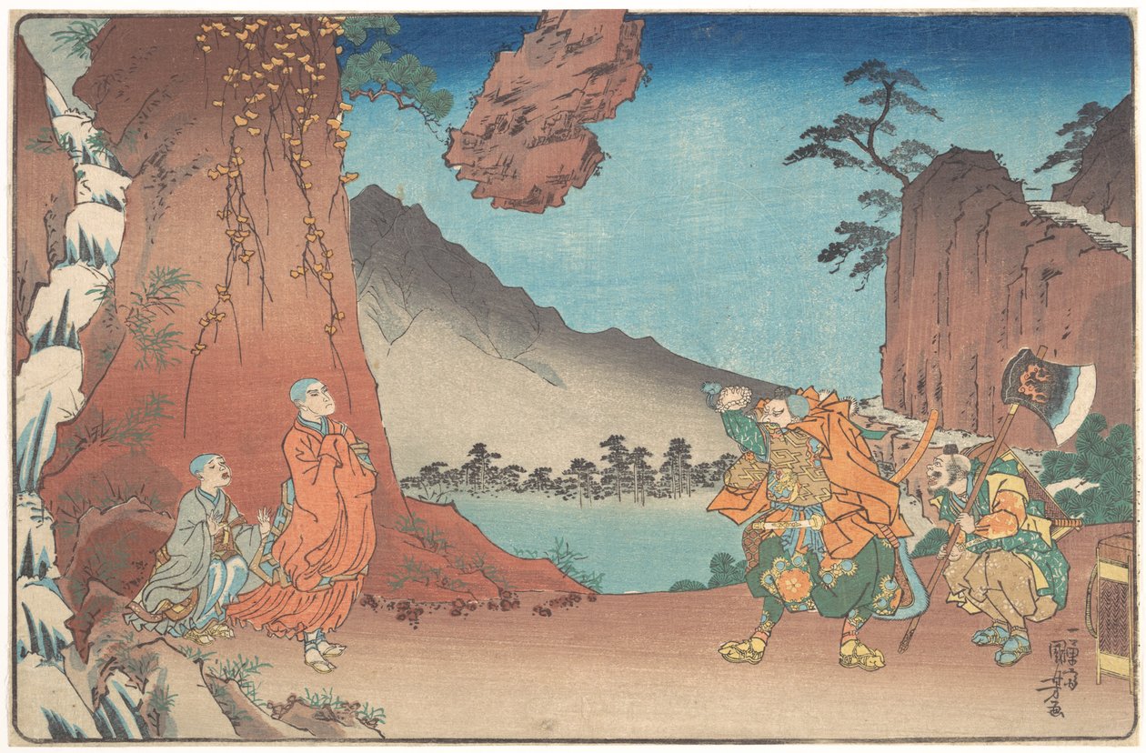 Biographie illustrée concise du moine Nichiren : le rocher suspendu par la puissance de la prière sur le mont Komuro - Utagawa Kuniyoshi