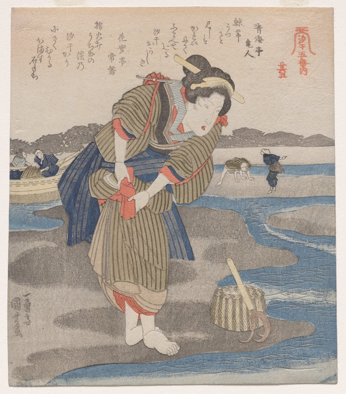 Femme attachant ses jupes ; de la série Cinq images de marée basse - Utagawa Kuniyoshi