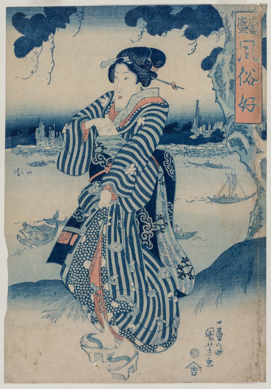 Geisha debout sur la rive de la rivière Sumida..., début des années 1830 - Utagawa Kuniyoshi