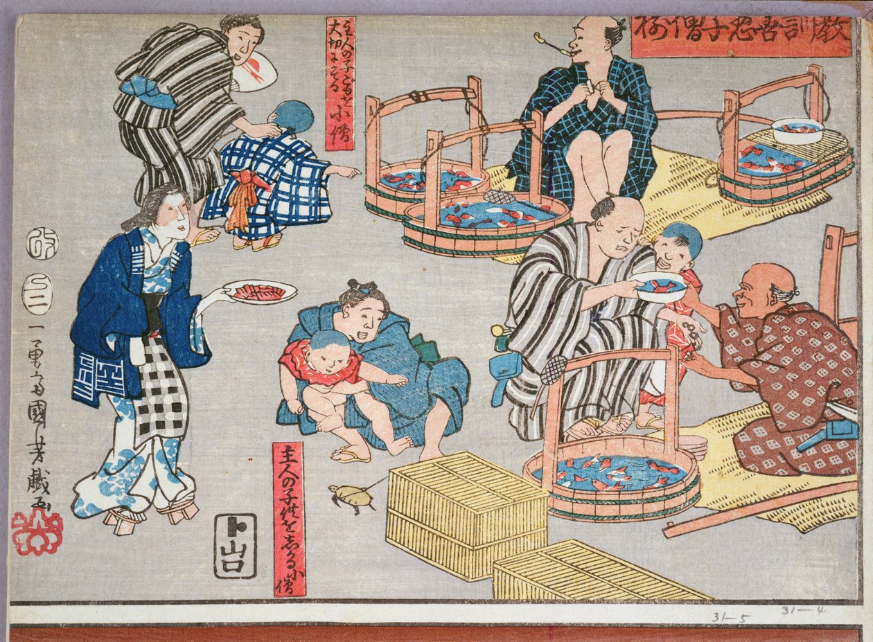 Enseignement moral pour les garçons de magasin, donnant de bons et mauvais exemples de comportement, 1857 - Utagawa Kuniyoshi