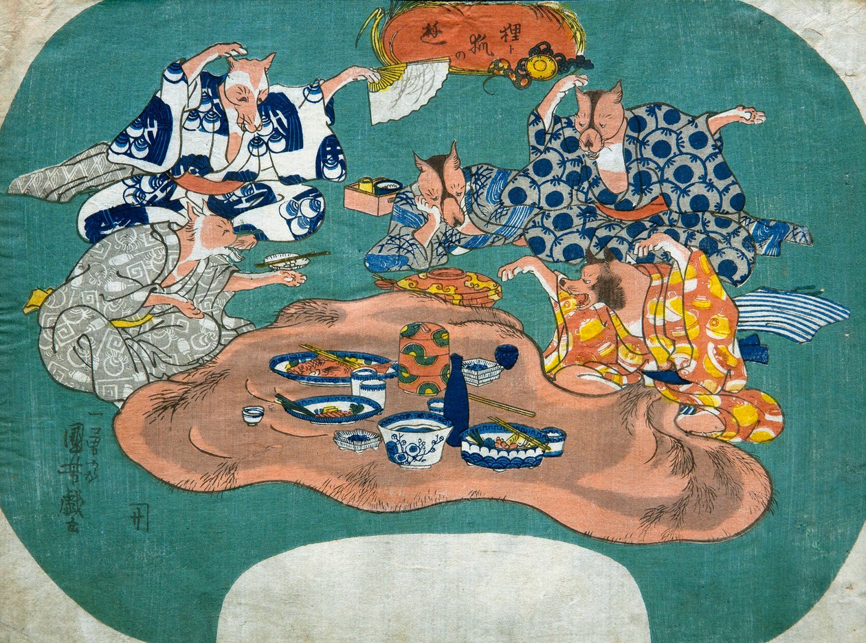 Chien viverrin et renard en train de jouer - Utagawa Kuniyoshi
