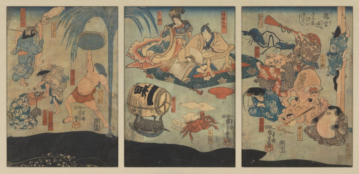 Des créatures marines divertissent Urashima Tarō et Oto Hime dans le palais du Dragon - Utagawa Kuniyoshi