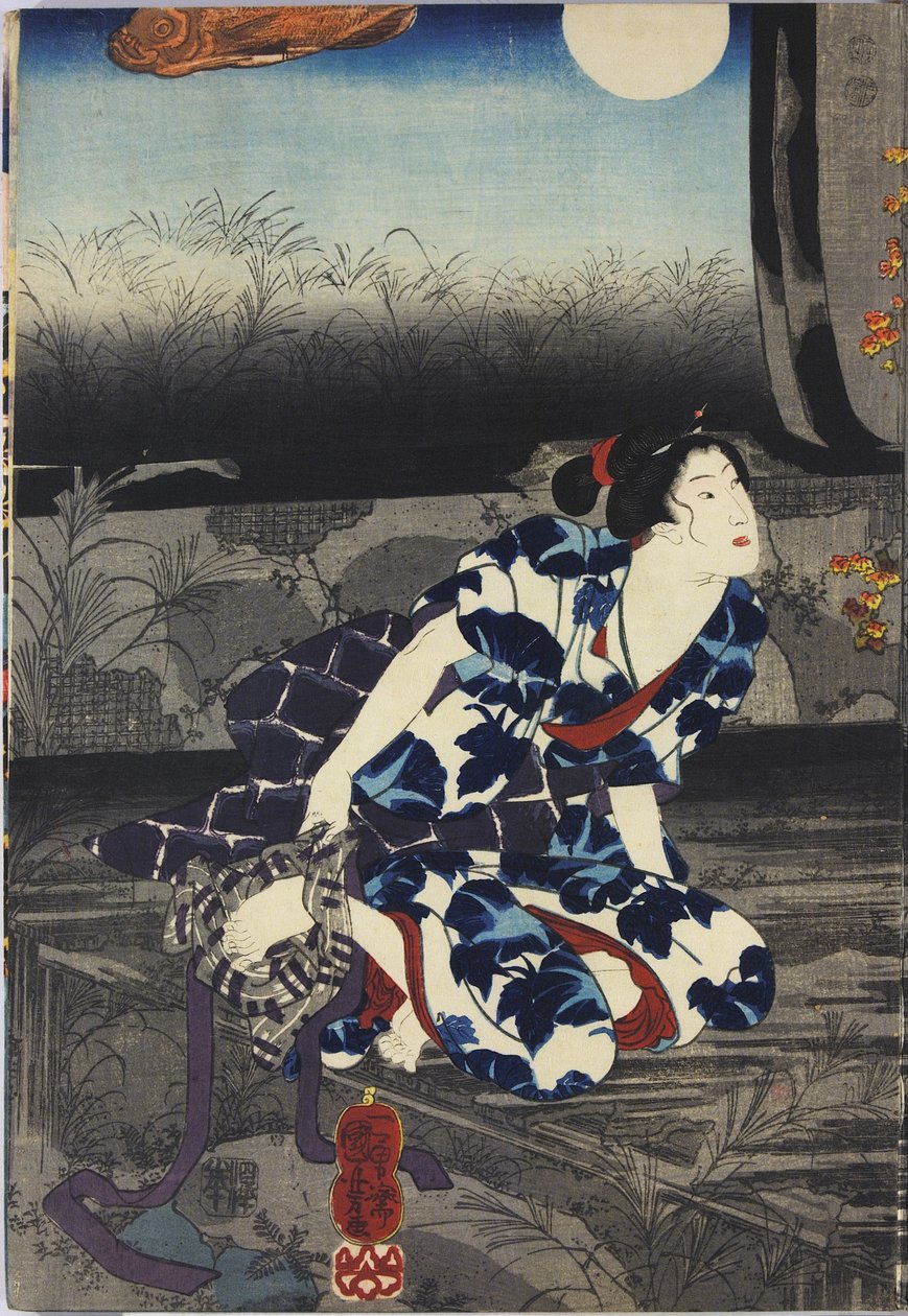 Blatt aus einem Farbholzschnitt-Triptychon mit dem Titel Imayo Teru-uji furudera no kozu, das eine Szene in einem verfallenen Tempel bei Mondlicht zeigt, mit zerrissenen und abblätternden Fusuma, wobei Teru-uji ein Handtuch anbietet von Utagawa Kuniyoshi