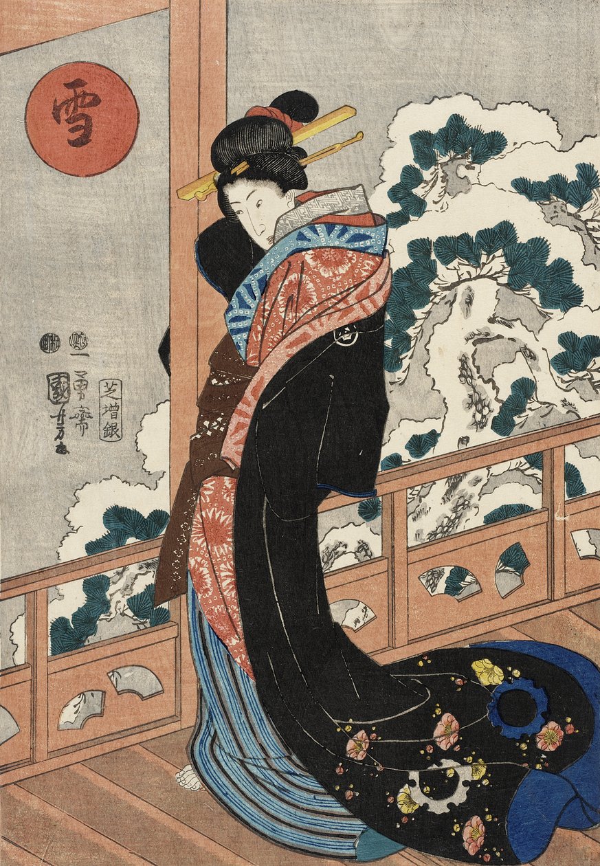 La neige : la beauté sur une véranda - Utagawa Kuniyoshi