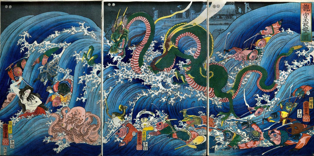 Tamatori-hime volant le joyau sacré du palais du dragon (Ryūgū Tamatori-hime no zu) - Utagawa Kuniyoshi