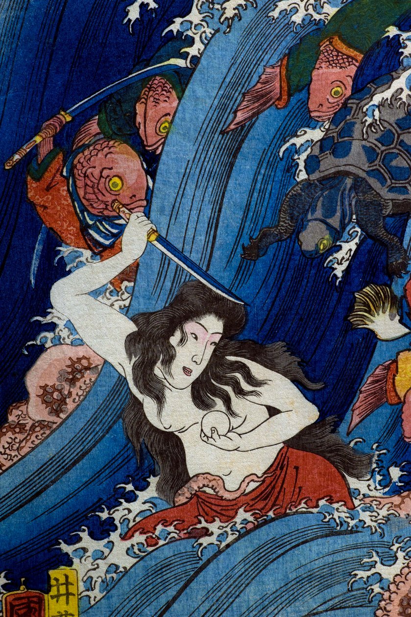 Tamatori-hime volant le joyau sacré du palais du dragon (Ryūgū Tamatori-hime no zu) - Utagawa Kuniyoshi