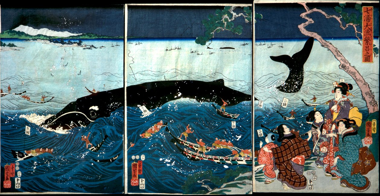 La prospérité des sept côtes avec de gros poissons (Nana ura tairyō hanjō no zu) - Utagawa Kuniyoshi