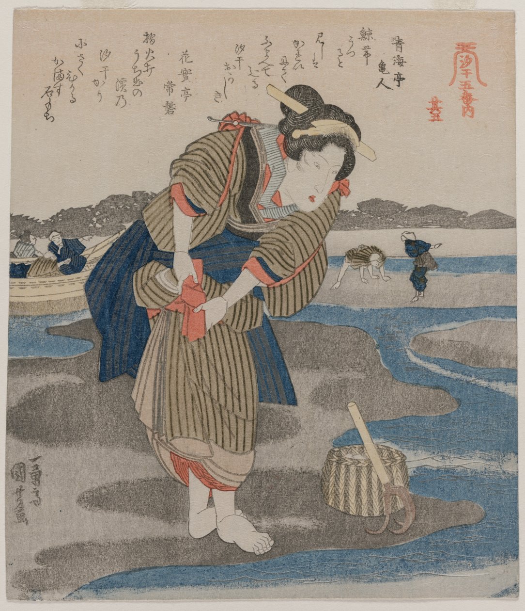 Femme attachant ses jupes ; de la série Cinq images de marée basse - Utagawa Kuniyoshi