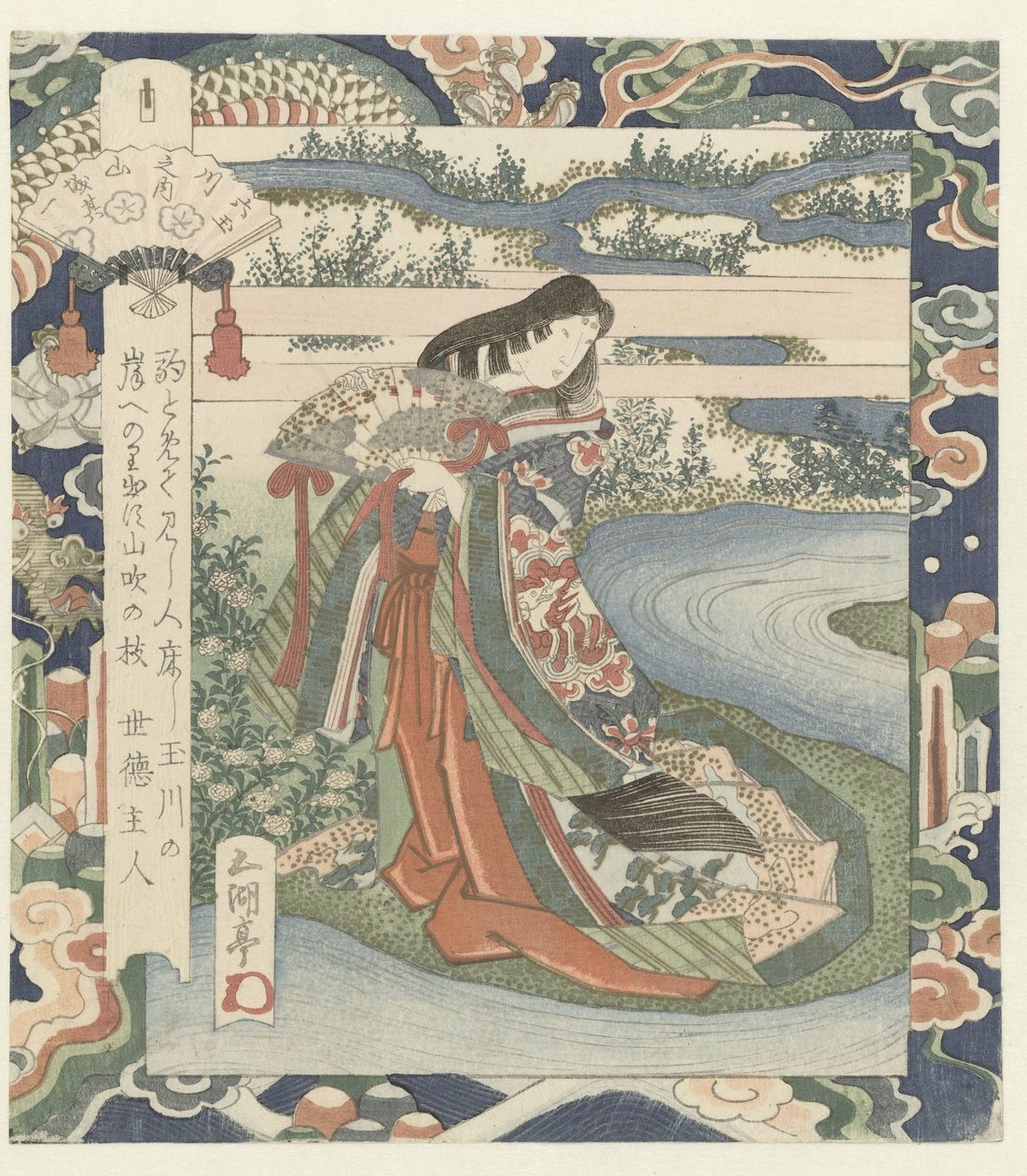 Dame de cour au bord de la rivière (De Ide rivier in Yamashiro, numéro un) (De zes juwelen rivieren) (Mutamagawa no uchi) - Utagawa Sadakage