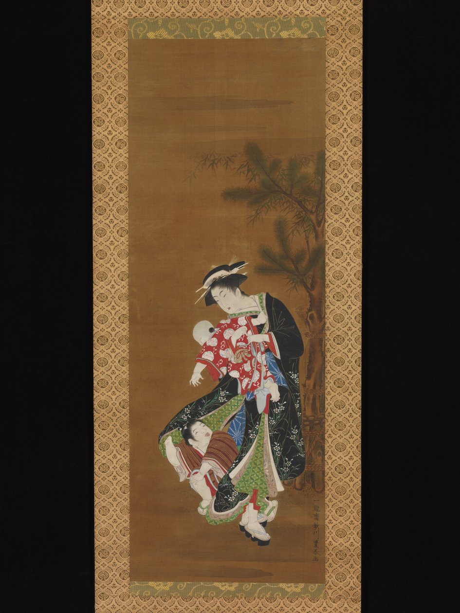 Mutter und Kinder zu Neujahr - Utagawa Toyoharu