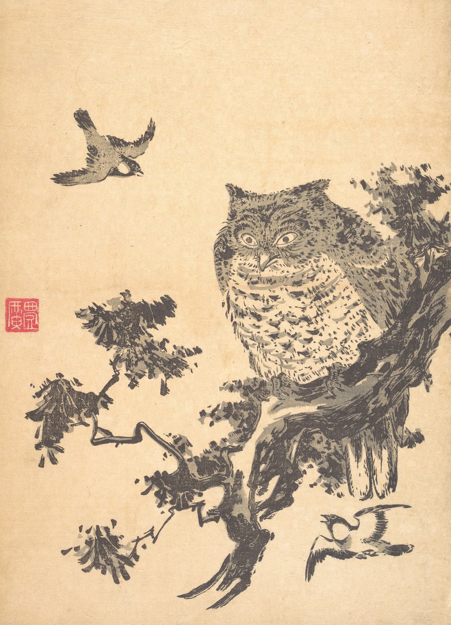 Hibou et deux hirondelles - Utagawa Toyohiro