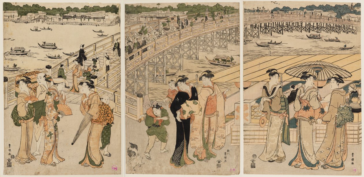 Pont Ryōgoku avec des personnages au premier plan - Utagawa Toyohiro