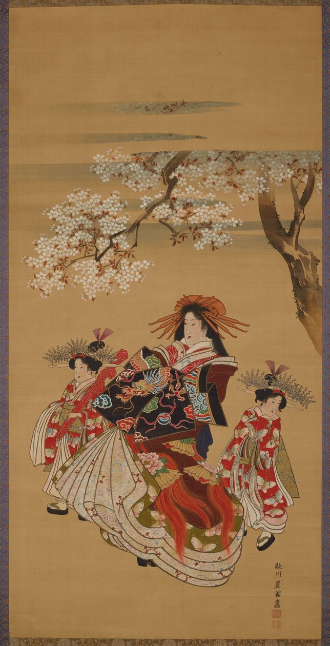 Courtisane avec deux kamuro sous des cerisiers en fleurs - Utagawa Toyokuni