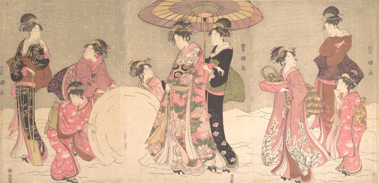 Courtisanes et serviteurs faisant une boule de neige géante - Utagawa Toyokuni I