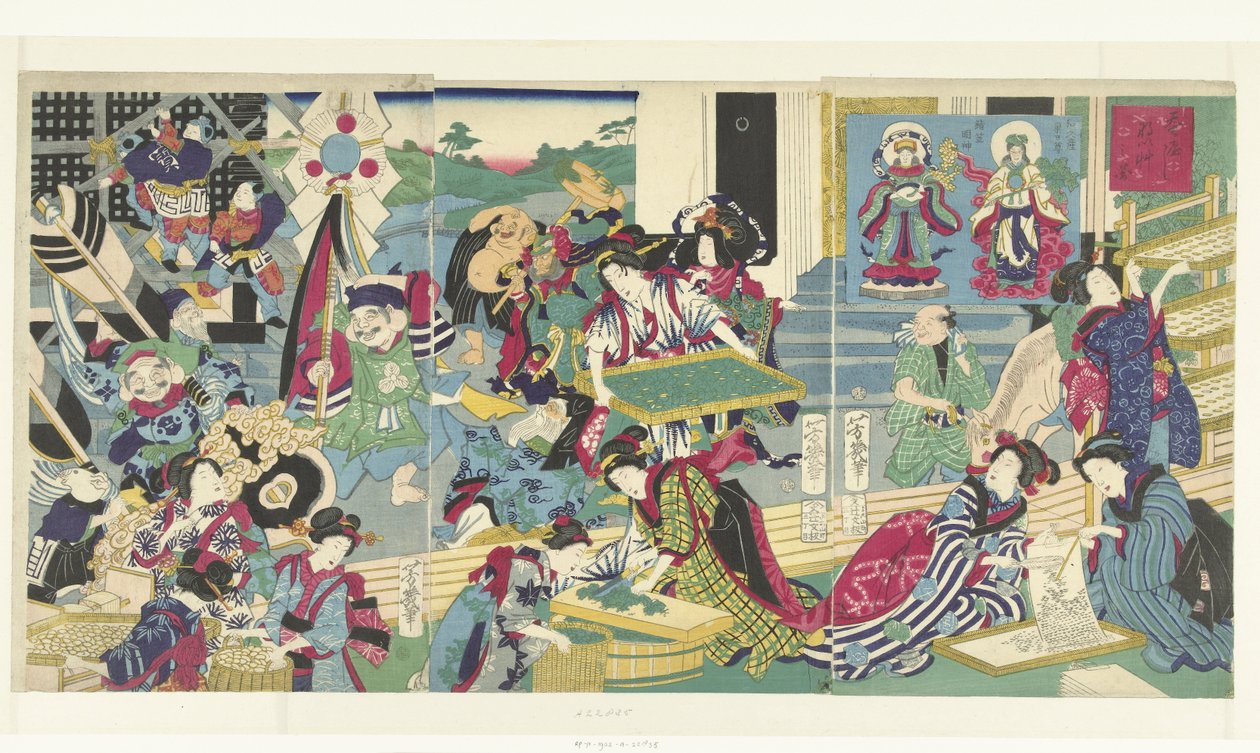 Les sept dieux de la chance élevant des vers à soie - Utagawa Yoshiiku