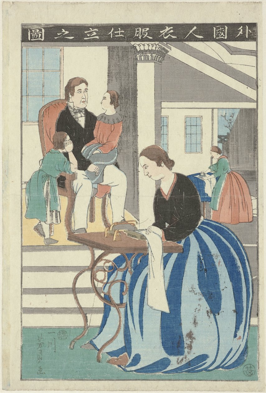 Femme occidentale derrière une machine à coudre - Utagawa Yoshikazu