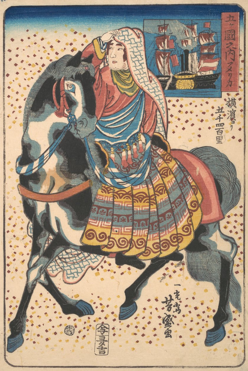 Femme américaine montée, 12ème mois, 1860 - Utagawa Yoshimori